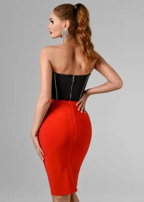 Red Black Ladies HL Bandage Dress Strapless Sexy 2 Pieces Bodycon Mini Dress Off the Shoulder Girls' Birthday Party Dress