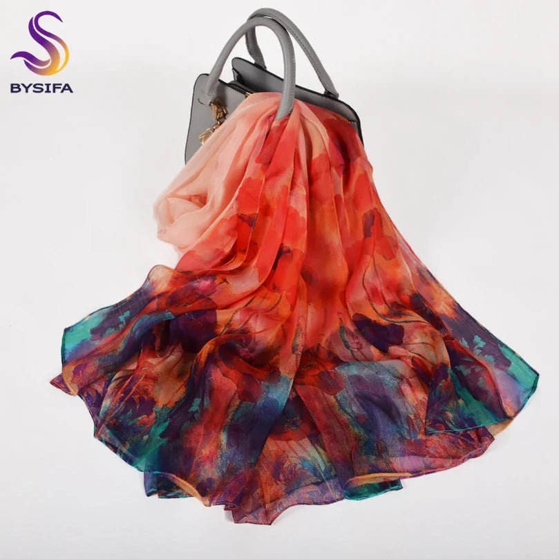 [BYSIFA] White 100% Silk Scarf Cape Fashion Floral Design Long Scarves Women Summer Utralong Beach Shawl Winter Scarves180*110cm Red Blue