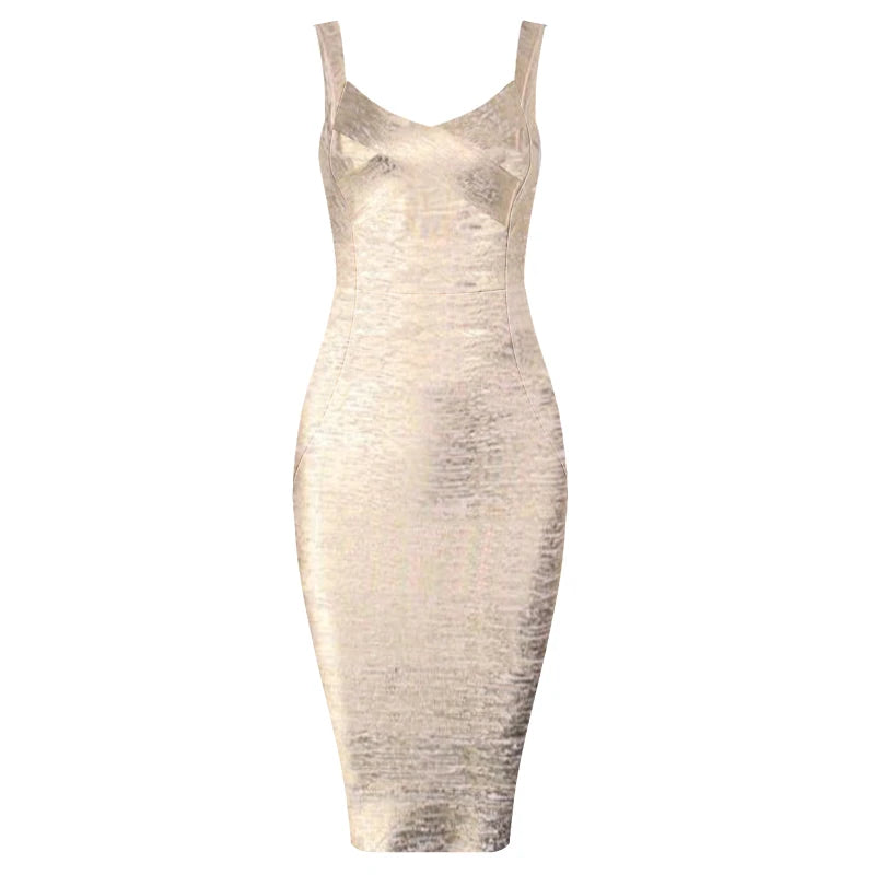 New Slip Gold Print Rayon Bandage Dress Foiling Sexy Celebrity Bodycon Cocktail Party Dress Gold