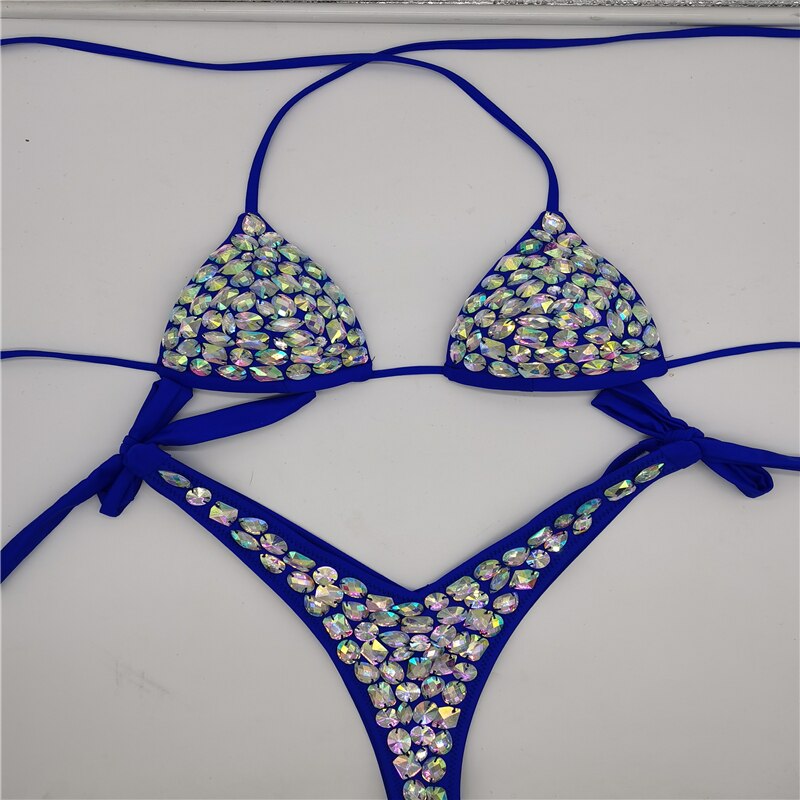 Rhinestone Triangle Bikini Sexy Push Up Women's Swimwear Crystal Diamond Halter Bandage Thong Biquine Swimsuit