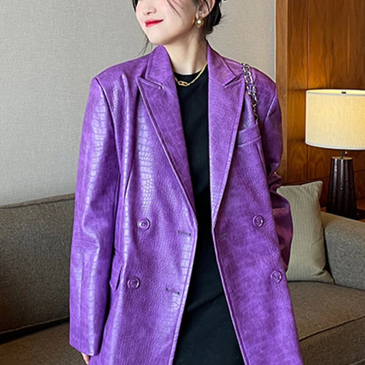 Autumn Oversized Shiny Purple Crocodile Pattern Faux Leather Blazer Women Long Sleeve Double Breasted Y2K Jacket Fashion