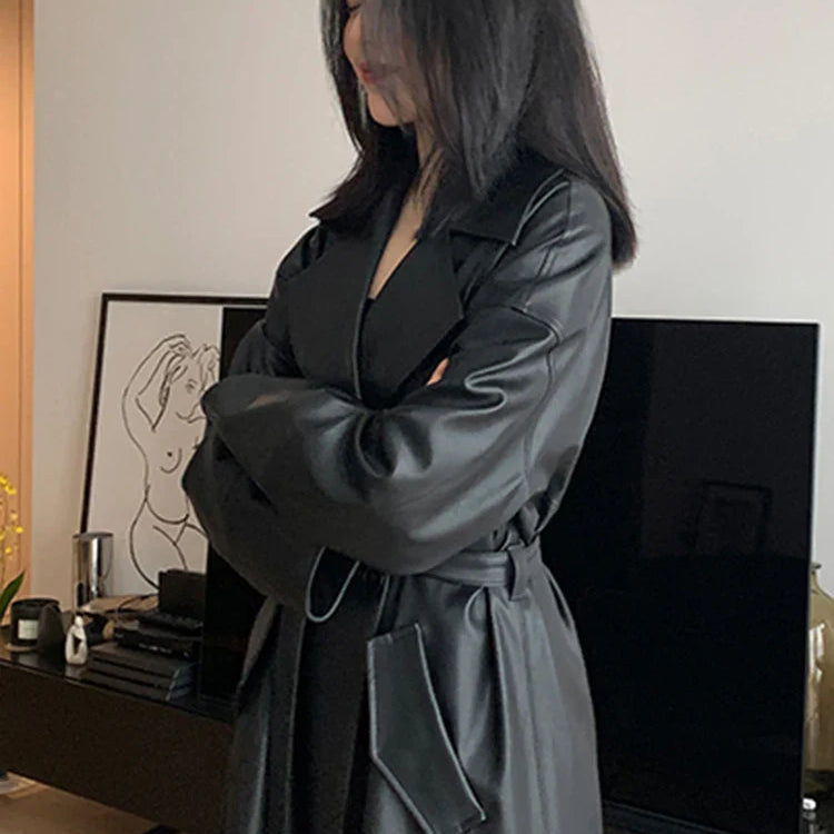 Lautaro-Long Black Leather Trench Coat for Women, Oversized Sashes, Single Button, Loose Stylish, Korean Fashion, Spring
