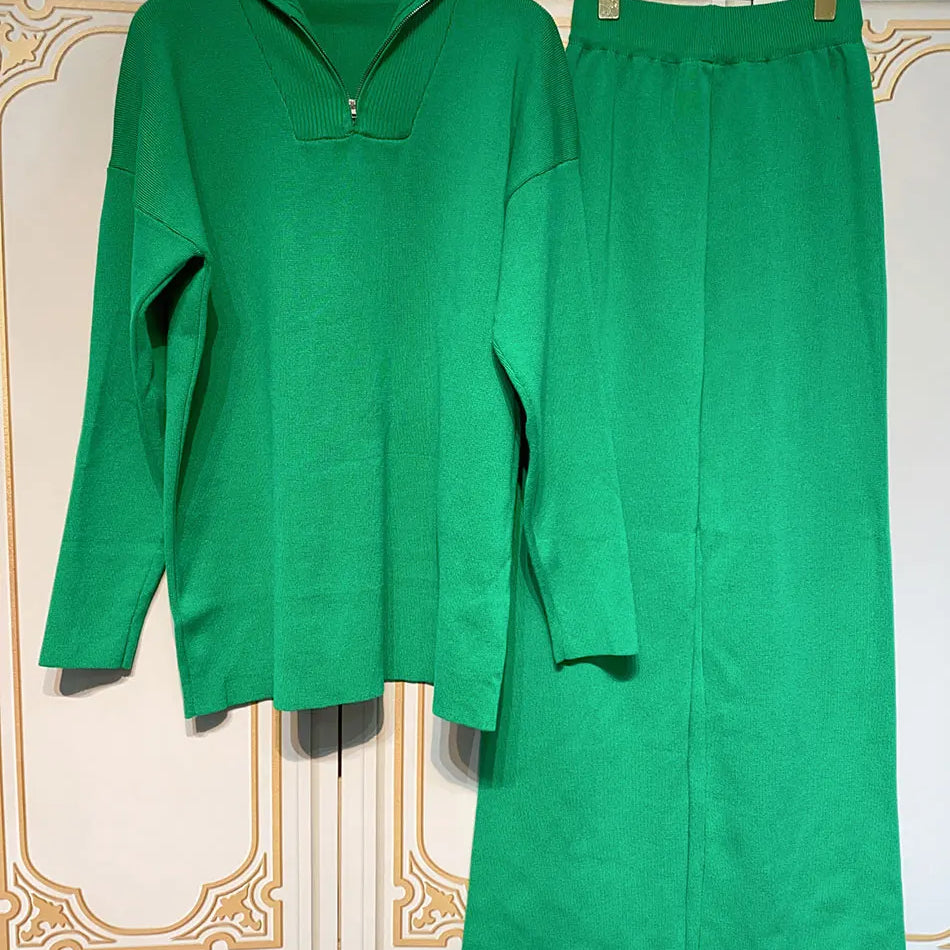 2024 Casual Autumn Loose Knit Sweater Set Fashion Zip Lapel Long Sleeve Pullover Sweater & Straight Pants Two-piece Set green