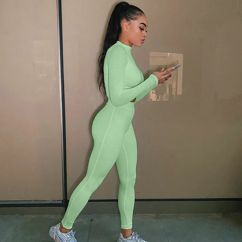 Women’s Summer Sport Suits Solid Long-Sleeves Short Top + High-Waist Skinny Pants Casual Outfits Female Sportswear Outerwear green