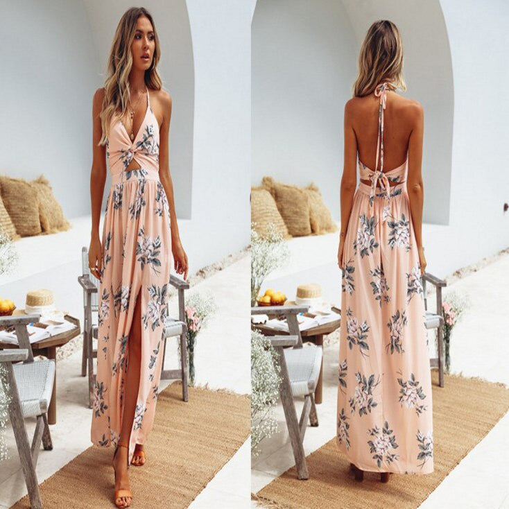 Women Summer Long Dress Bohemian Beach Dress Summer Floral Halter Dress Dresses Woman Party Night Khaki