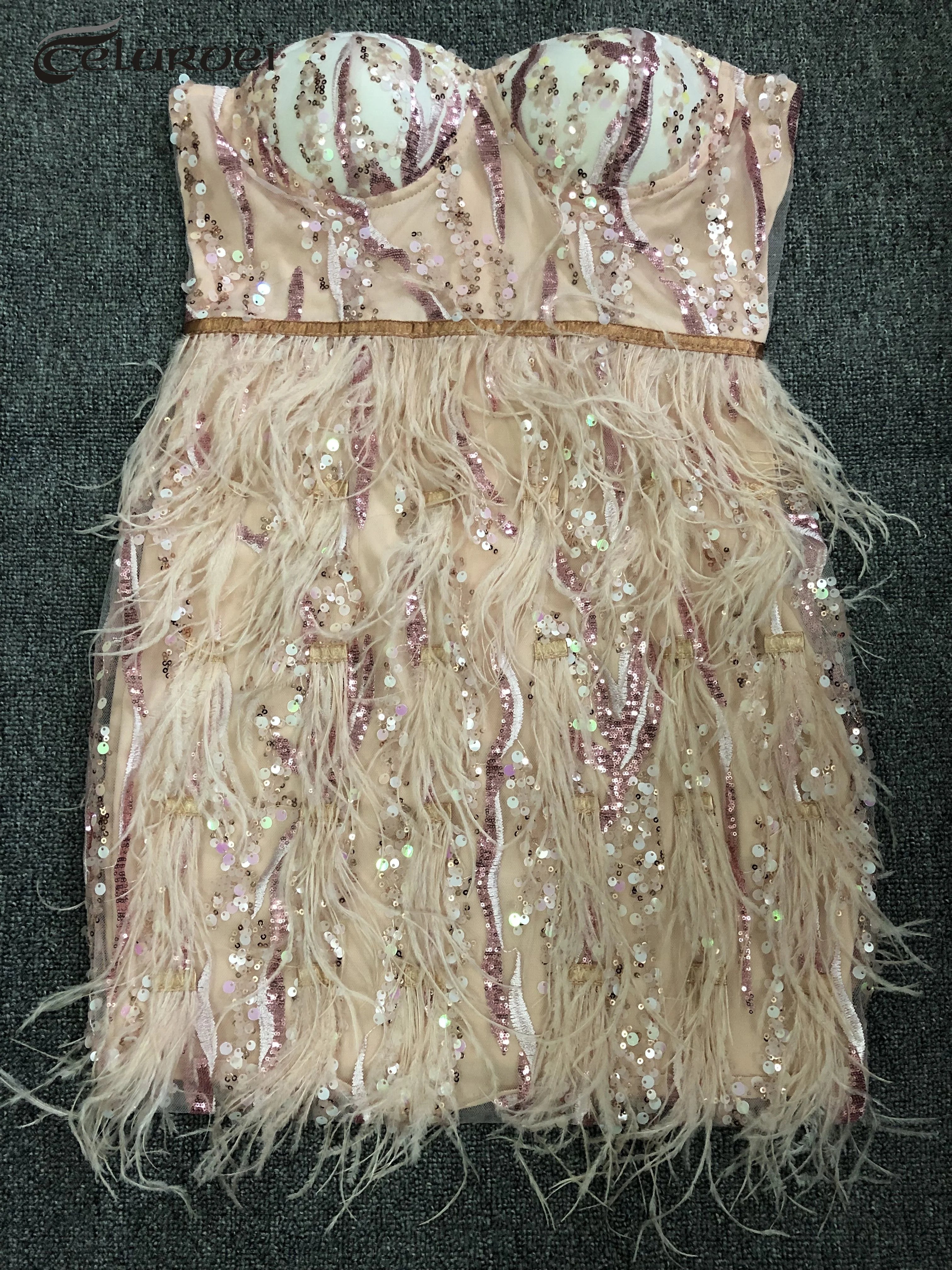 Pink Sequin Feather Mini Dress Fashion Strapless Night Club Party Bodycon Dress Vestidos