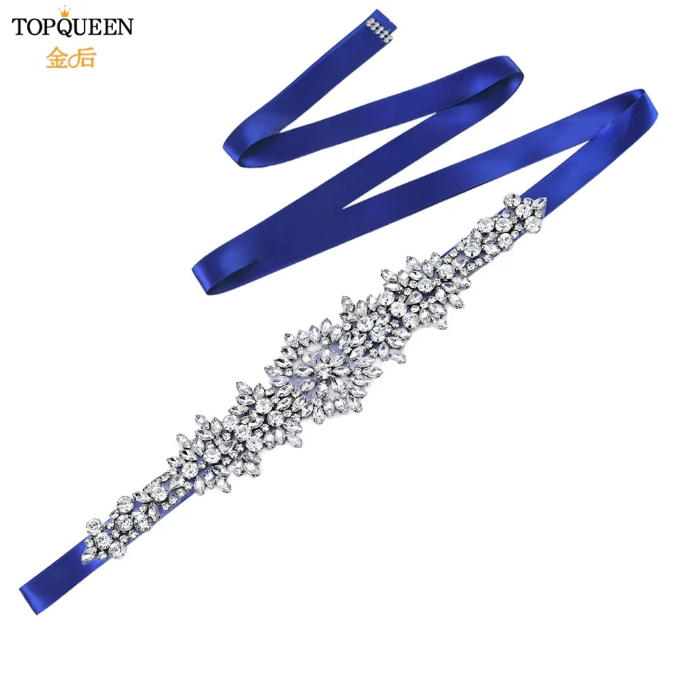 TOPQUEEN S319 Rhinestones Wedding Belt Sparkly Bride Dress Decorative Sash with Stone Jeweled Satin Ribbons Silver Gown Applique Royal blue ribbon