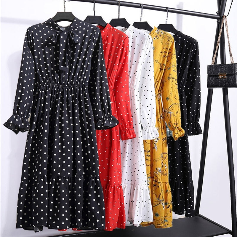 Plus Size Women's Clothing Long Sleeve Chiffon Shirt Dresses For Women Red Bow Floral Club Party Autumn Winter платье Woman