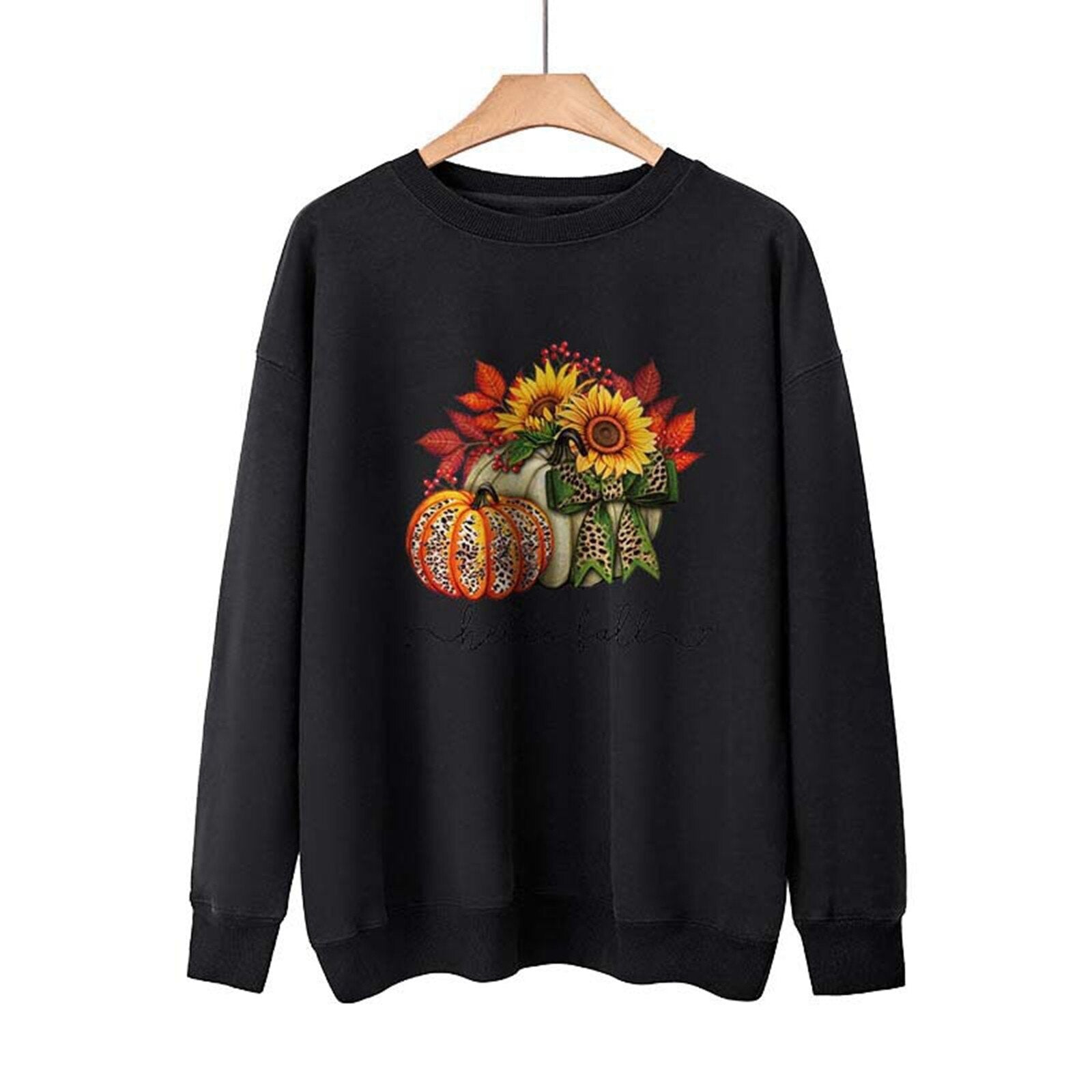 Hello Fall Women's Halloween Sweater Loose Fit Casual Pullover Top Sweater with Front Zipper Black
