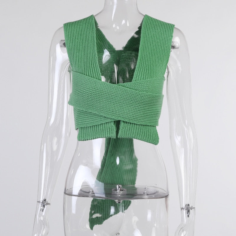 Sleeveless Knitted Crop Sweater Sexy Autumn Summer Fashion Vest Black Casual White Jumper Top Female Pullover fall women gree One Size