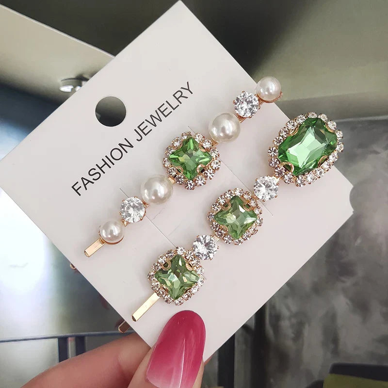 Set Women Hair Clips Jewelry Fashion Crystal Hair Accessories For Girls Luxury Pearl Geometric Barrettes Pins Christmas Gift 2pcs-light green 1