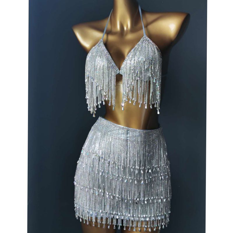 Rhinestone Tassels Women Skirt High-End Customized Diamond Evening Dress Manual Stitched Crystal Party Bikini Set