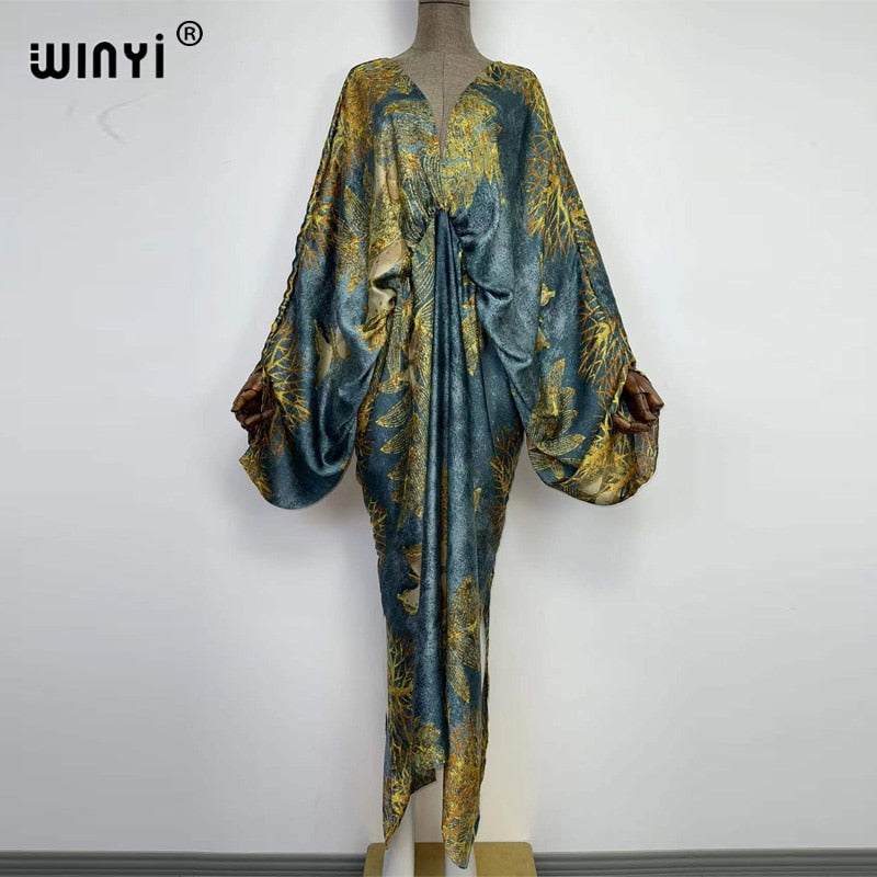 Sexy bech high-quality hand-rolled feel silk rayon fashion print 2024 WINYI Maxi Women's robes long beach V-neck Bohemian dress 16 One Size