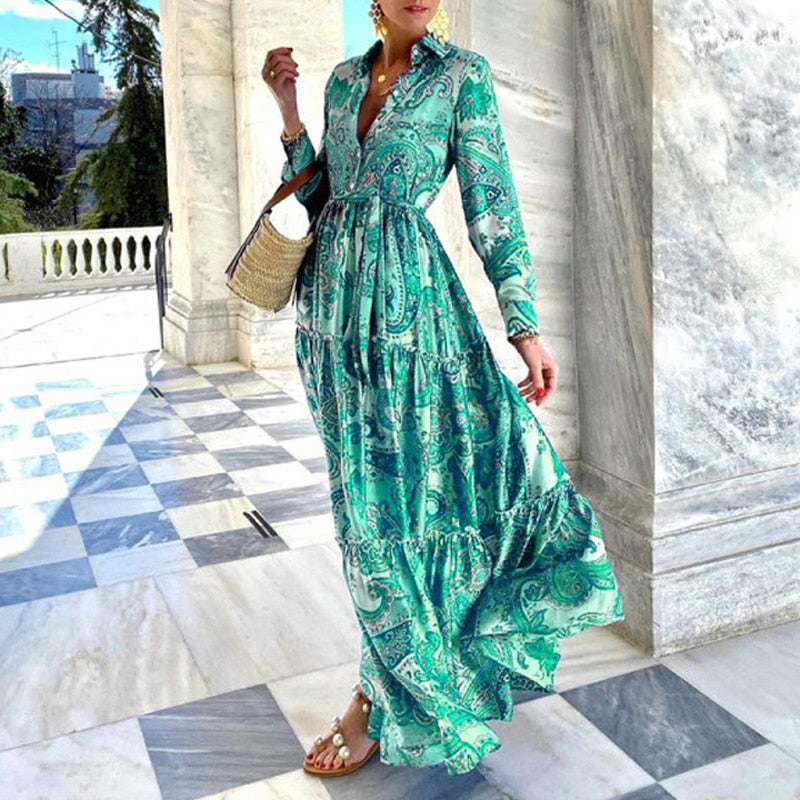 Summer Loose Boho Maxi Beach Dress Sexy Turn-down Collar Button Long Shirt Dress Women Spring Floral Print Pleated Party Dresses 02 Green