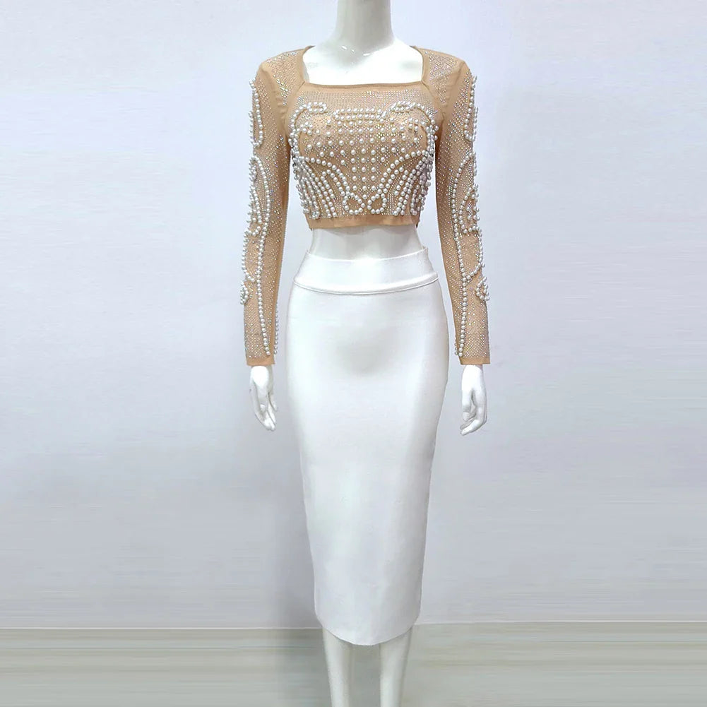 Top Celebrity Black White Two Pieces Set Pearl Beading Hollow Out Rayon Bandage Dress Party Fashion Dress Vestidos WHITE