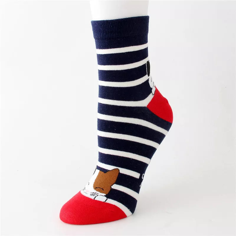 Women Striped Cartoon Socks Autumn Winter Colorful Cat Face Cotton Sock Ladies Female Funny Animal Cotton Sock For lady Girls blue striped socks