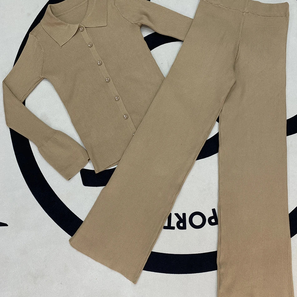 2024 Fashion Slim Knit Pants Set Lapel Flare Long Sleeve Single Breasted Cardigan Sweater & Trousers Two-Piece Set Khaki