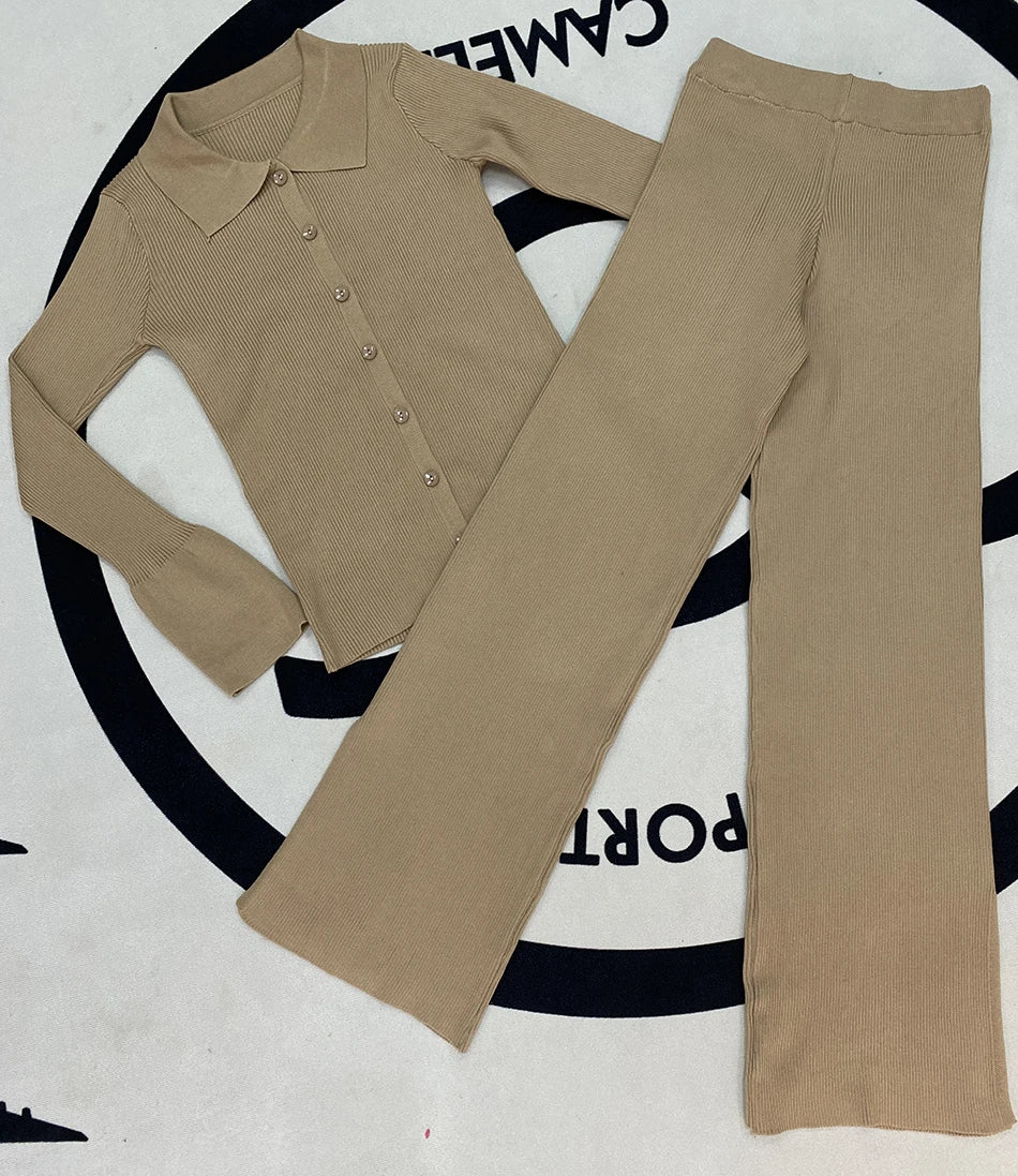 2024 Fashion Slim Knit Pants Set Lapel Flare Long Sleeve Single Breasted Cardigan Sweater & Trousers Two-Piece Set Khaki
