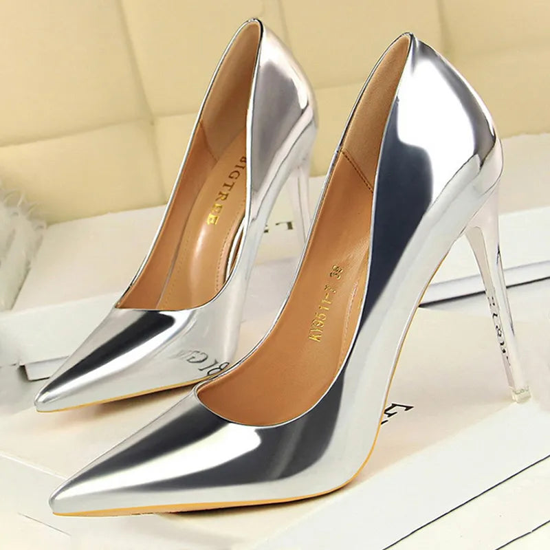 Shoes Woman Pumps Patent Leather High Heels Shoes Women Basic Pump Wedding Shoes Female Stiletto Women Heel Plus Size 43 sliver