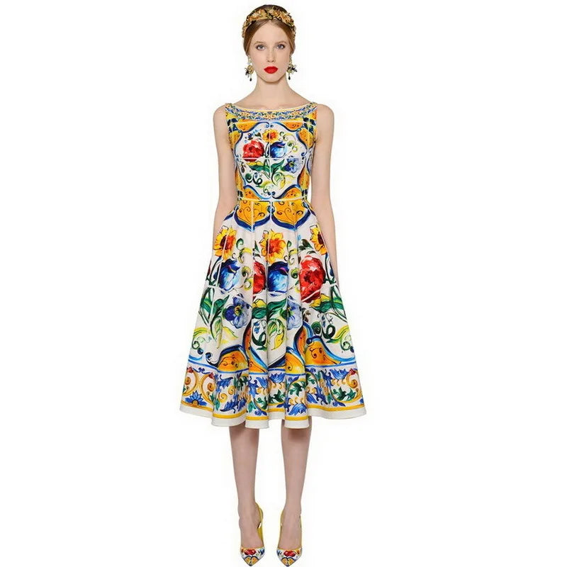 Luxury Designer Fashion Women's Midi Dress WIth Multicolor Floral Print Summer Clothing for Holiday Party Vacation 2024