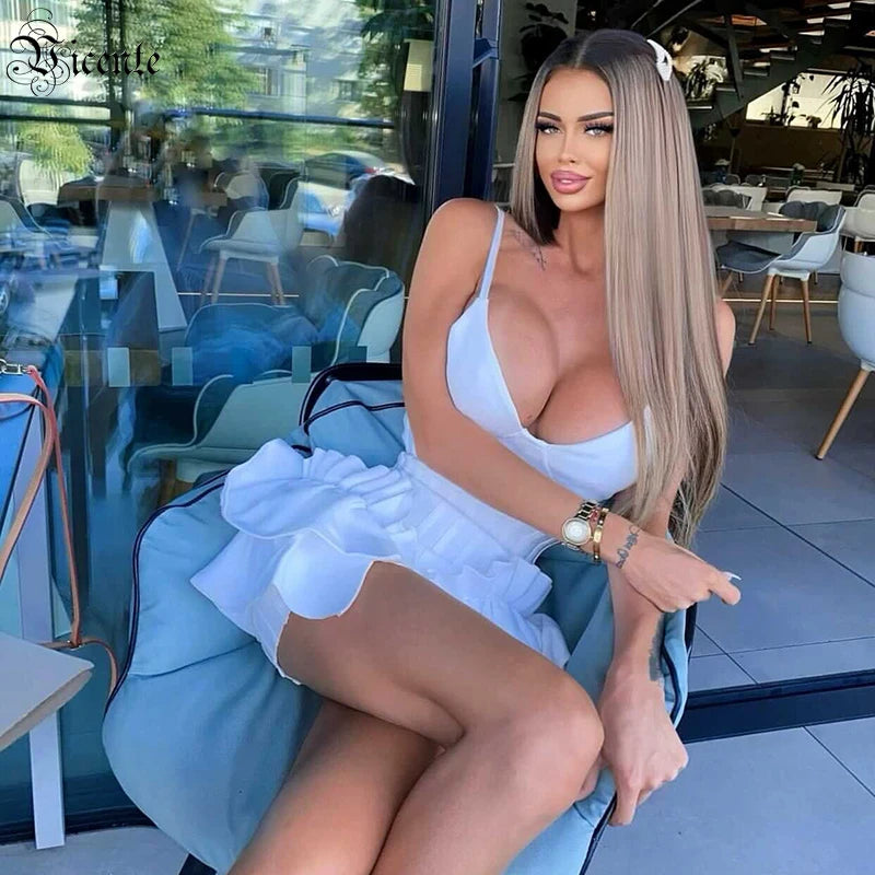Women White Mini Dress Sexy Spaghetti Strap V Neck Ruffles Dress Celebrity Christmas Party Bandage Vestido