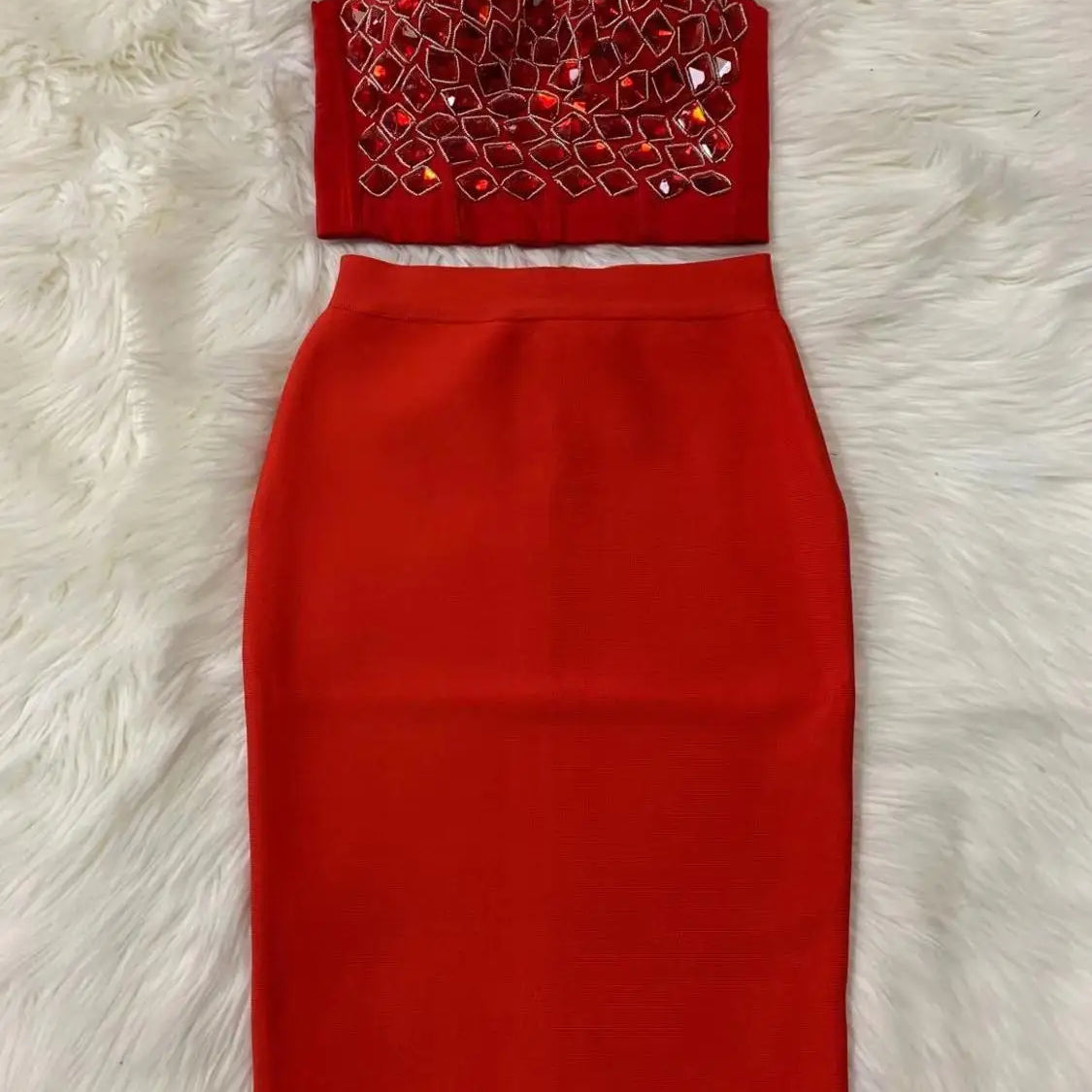Red Mantual Beading Two Pieces Set Rayon Bandage Elegant Club Party Dress Red