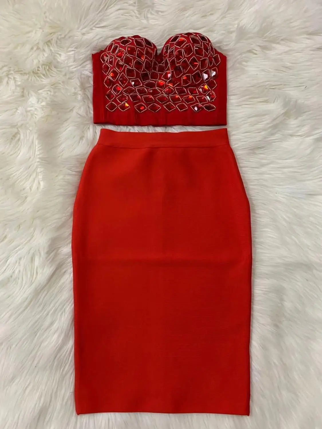 Red Mantual Beading Two Pieces Set Rayon Bandage Elegant Club Party Dress Red