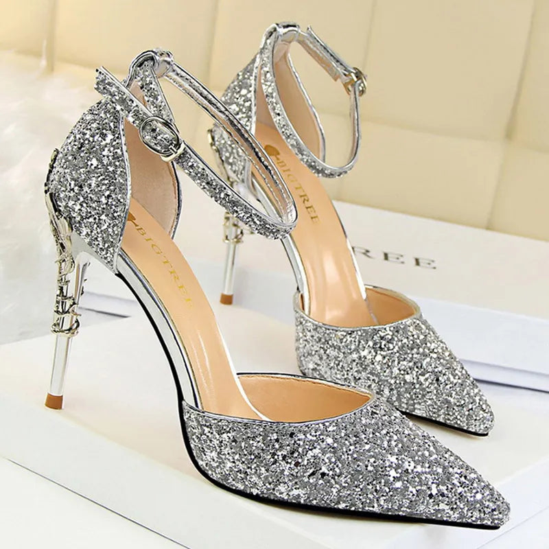 Shoes Heels 2024 New Woman Pumps Sequins High Heels Women Shoes Fashion Ladies Shoes Gold Sliver Stiletto Heels Sandals sliver