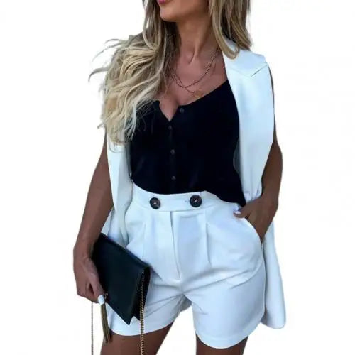 2pcs/Set Office Lady Outfits Solid Color Sleeveless Blazer Jacket Coat Wide Leg Shorts Pants Set Woman Summer Sexy Short Suits White