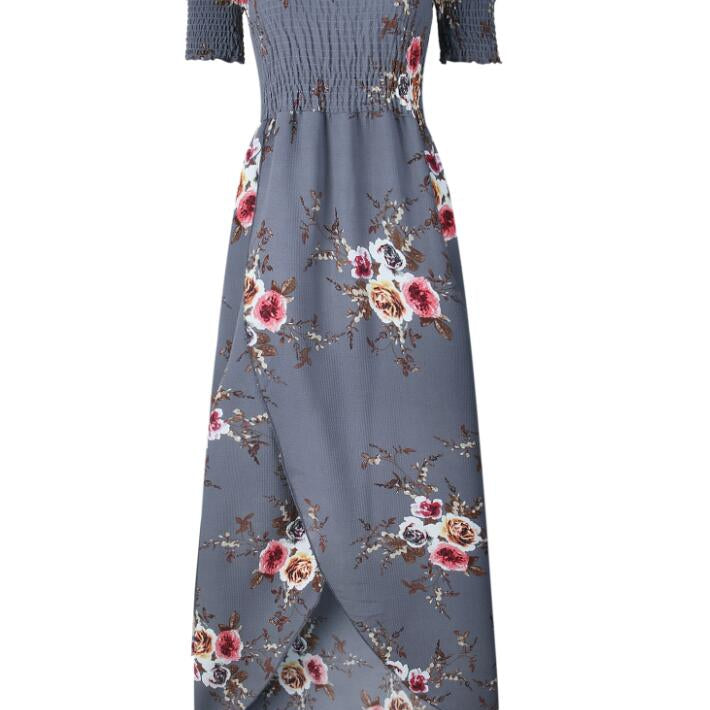 Sexy floral Dress Summer Split Maxi Beach Sundress Off Backless Dress Boho Long Dresses Vestidos Femme Gray