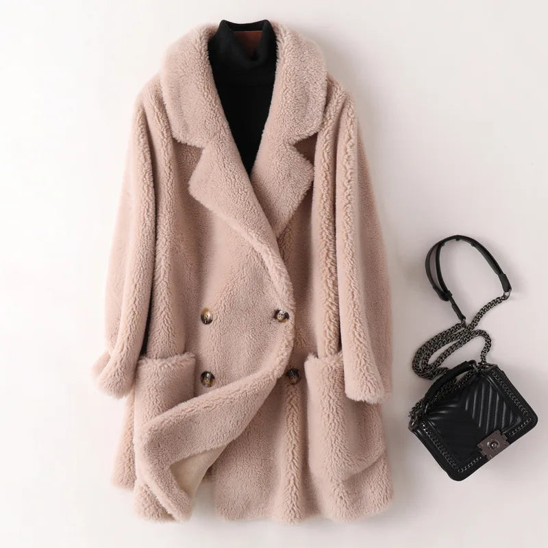 Real Fur Coat Australian Womens Natural Wool Coats Thick Warm Elegant Loose Large Size Long Outwear For Women Apricot