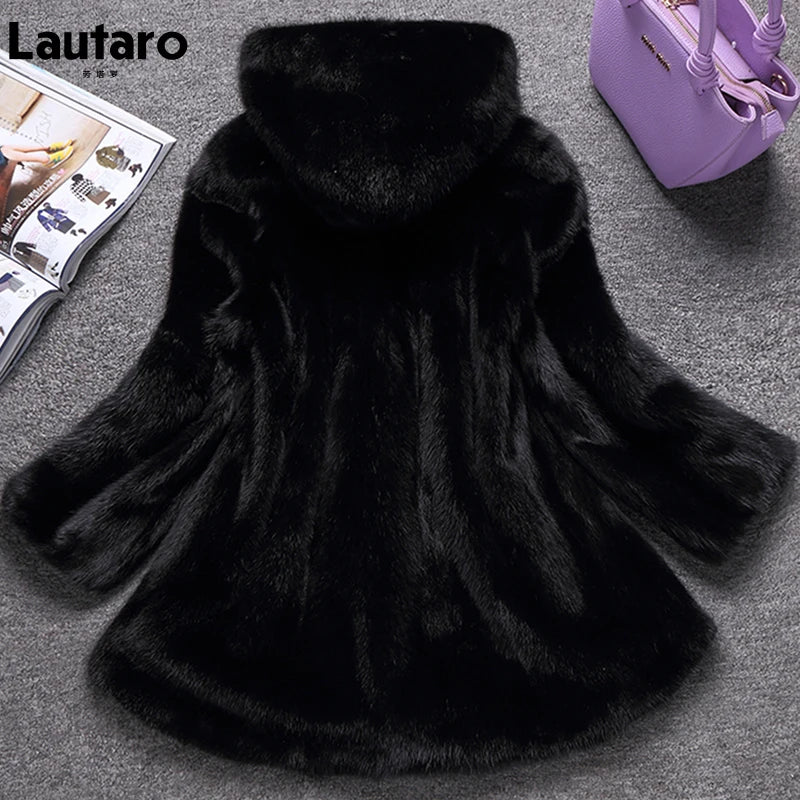 Winter Black Warm Thick Hairy Soft Faux Mink Fur Coat Women with Hood Elegant Luxury Fluffy Jacket 2022 4xl 5xl 6xl 7xl