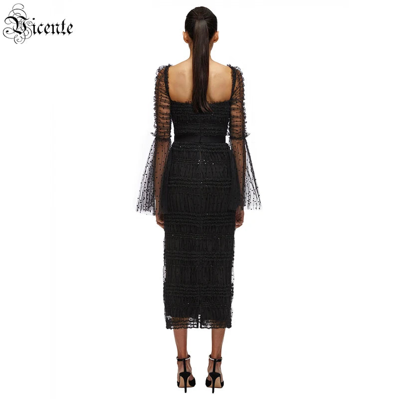 Dress Women Polka Dot Draped Mesh Sequined Mesh Long-sleeved Square Neck Halter Black Mid-length Bandage Midi Dress Gown