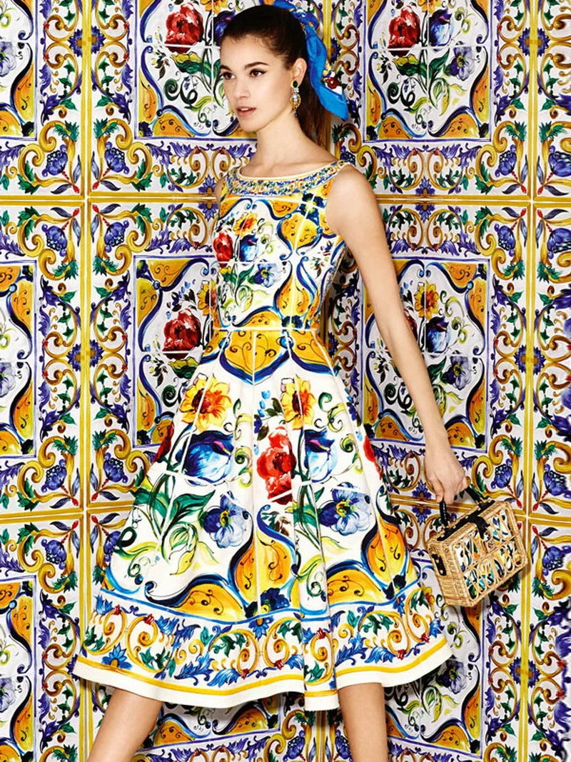 Luxury Designer Fashion Women's Midi Dress WIth Multicolor Floral Print Summer Clothing for Holiday Party Vacation 2024