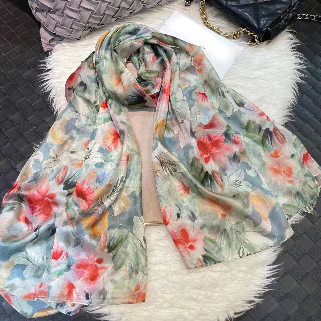 [BYSIFA] Ultralarge Spring Autumn Silk Scarf Wraps Brand Female Long Scarf Cape Fashion New Design Lace Pattern Blue Silk Scarf grey pink floral