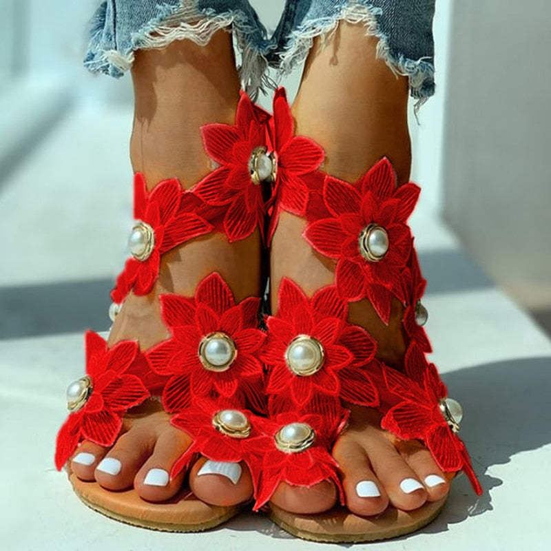 Women Sandals Boho Style Summer Shoes For Women Flat Sandals Beach Shoes 2024 Flowers Flip Flops Chaussures Femme 6 Colors 35-44
