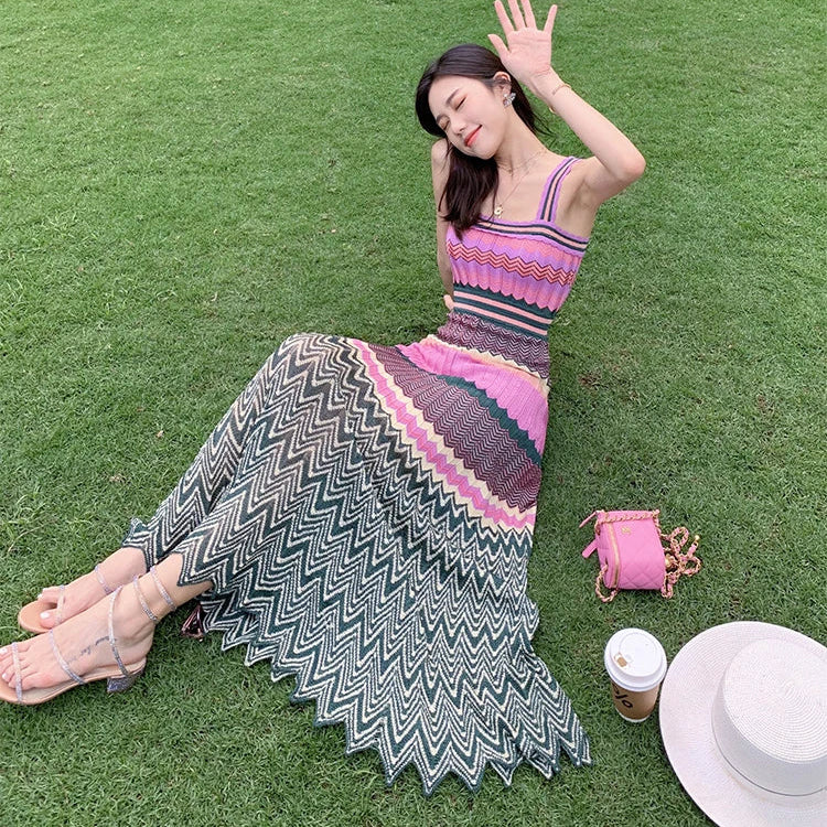 Bohemian Style Sleeveless Knitted Dress for Women, Slim Long Dresses, Geometric Pattern, Summer Party Dress, SL297, New