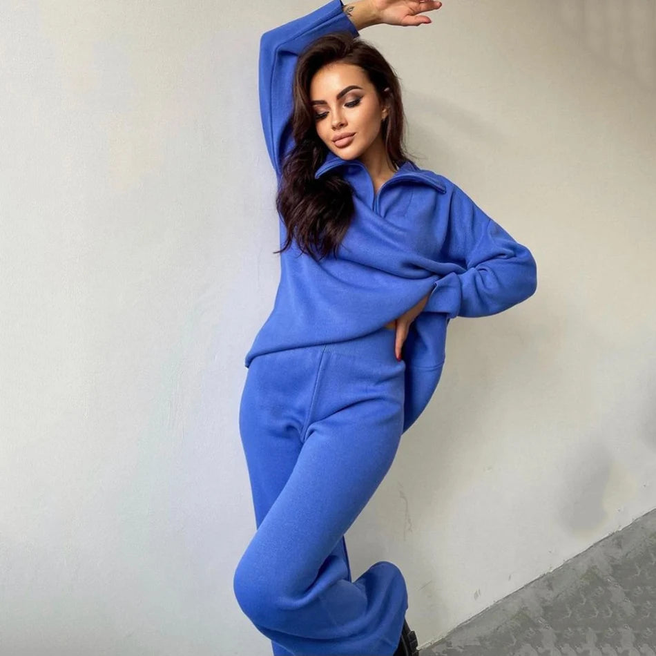 2024 Casual Autumn Loose Knit Sweater Set Fashion Zip Lapel Long Sleeve Pullover Sweater & Straight Pants Two-piece Set