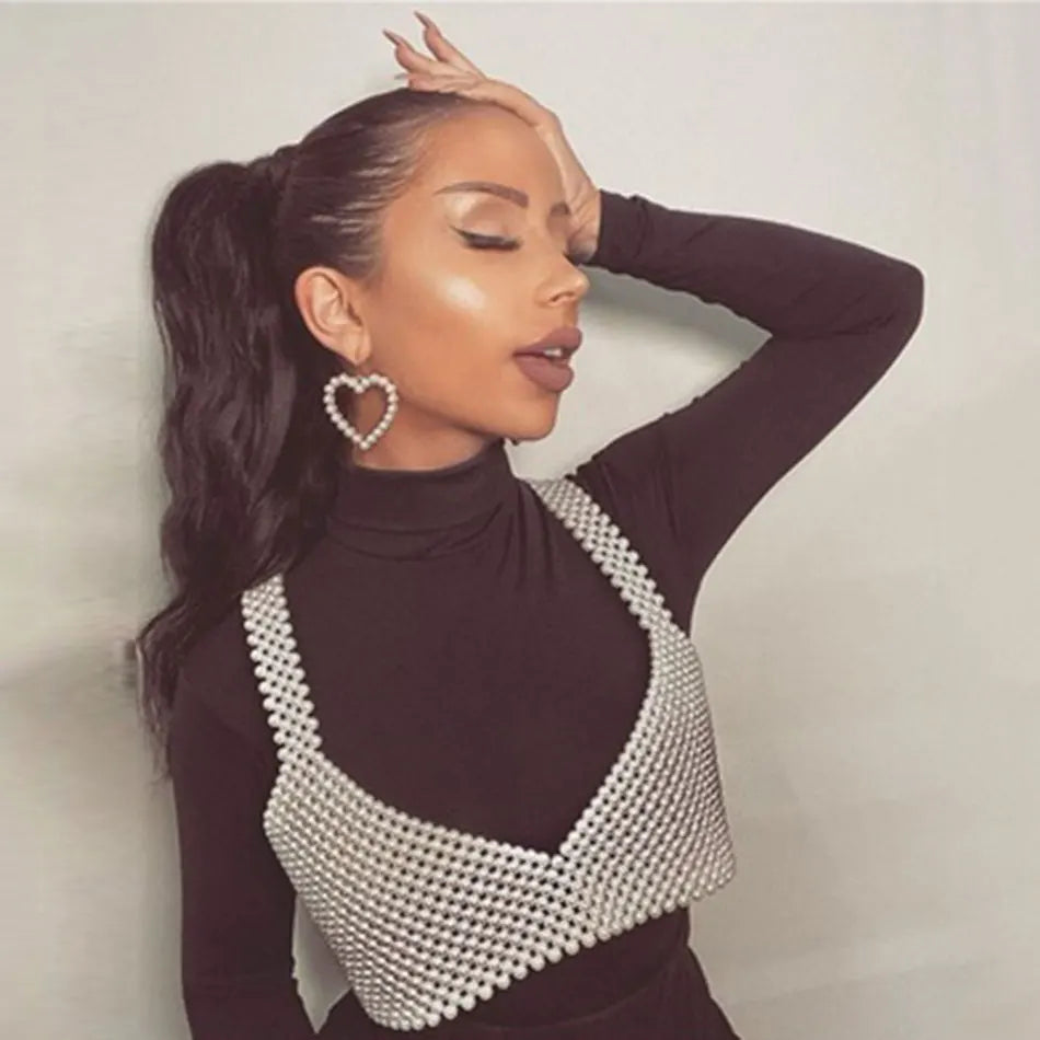 2025 High Street Deep V Neck Pearl Vest Women Fashion Crop Top Ladies White Sleeveless Sexy Club Tank Top Blusas