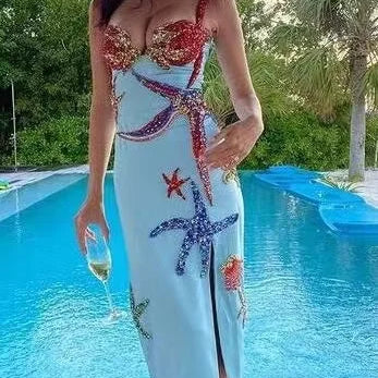 Blue Beaded Sequins Star Slim Sexy Spaghetti Strap Ruffle Celebrity Night Club Party Designer Dress Vestidos Blue