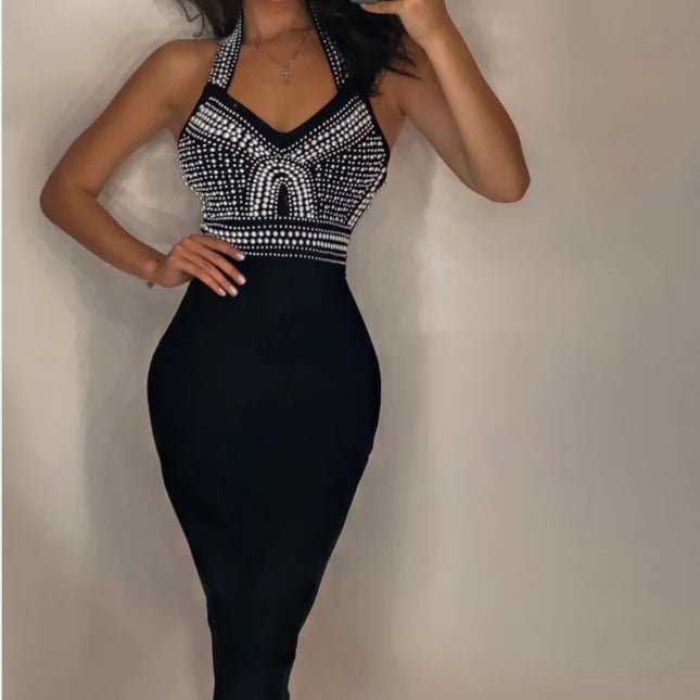 Khaki Black Mantual Beading Rayon Bandage Dress Elegant Cocktail Party Dress Vestidos black