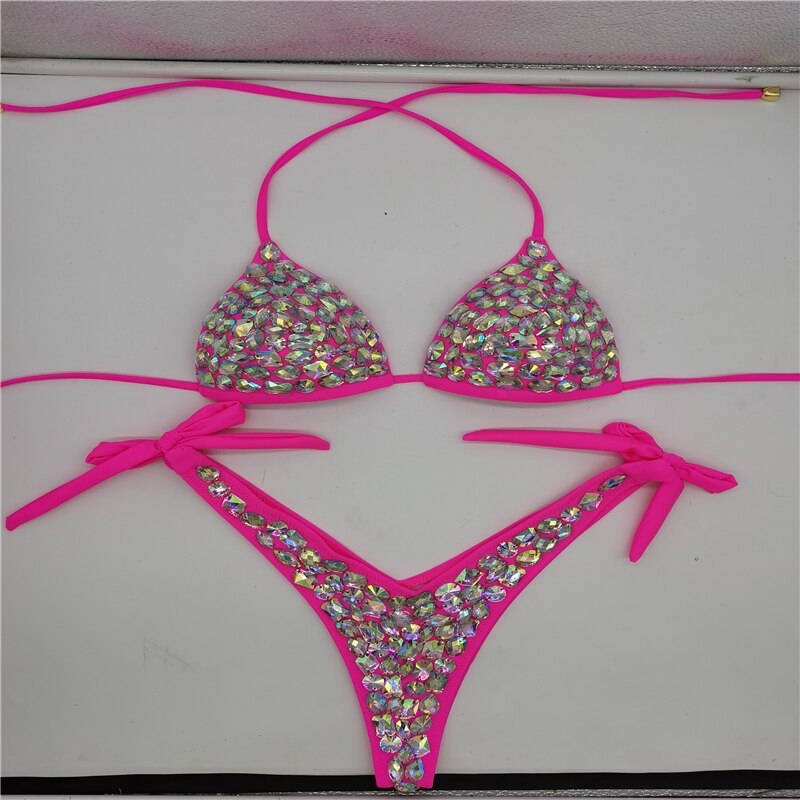 Rhinestone Triangle Bikini Sexy Push Up Women's Swimwear Crystal Diamond Halter Bandage Thong Biquine Swimsuit Rose Red