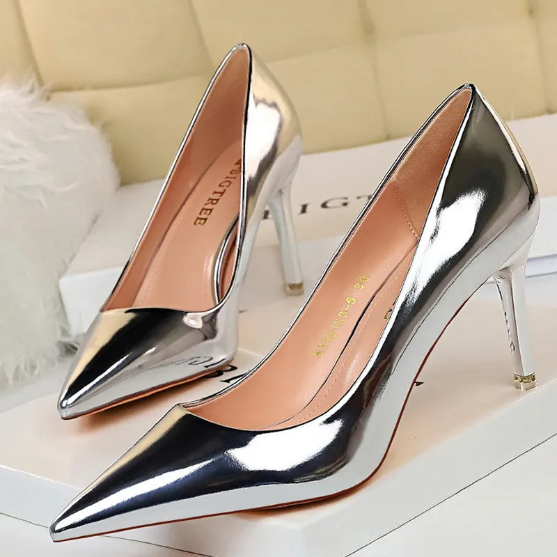 Shoes Woman Pumps Patent Leather High Heels Shoes Women Basic Pump Wedding Shoes Female Stiletto Women Heel Plus Size 43 9511-A7-sliver7.5cm