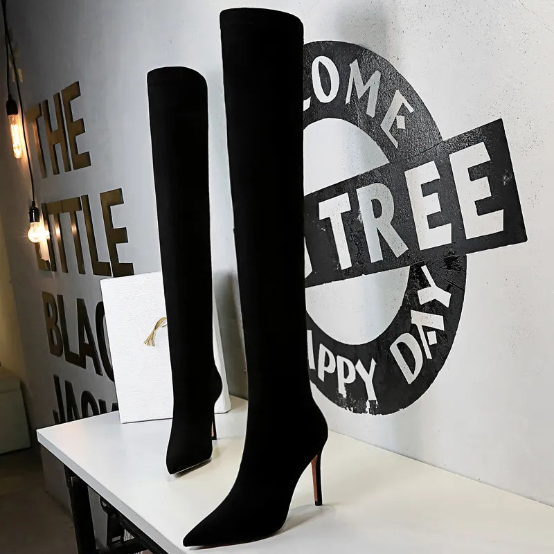 Shoes Suede Sexy Over-the-Knee Boots Black Plush Warm Women Winter Boots Thin High Heel Boots Long Boots Plus Size 42 43