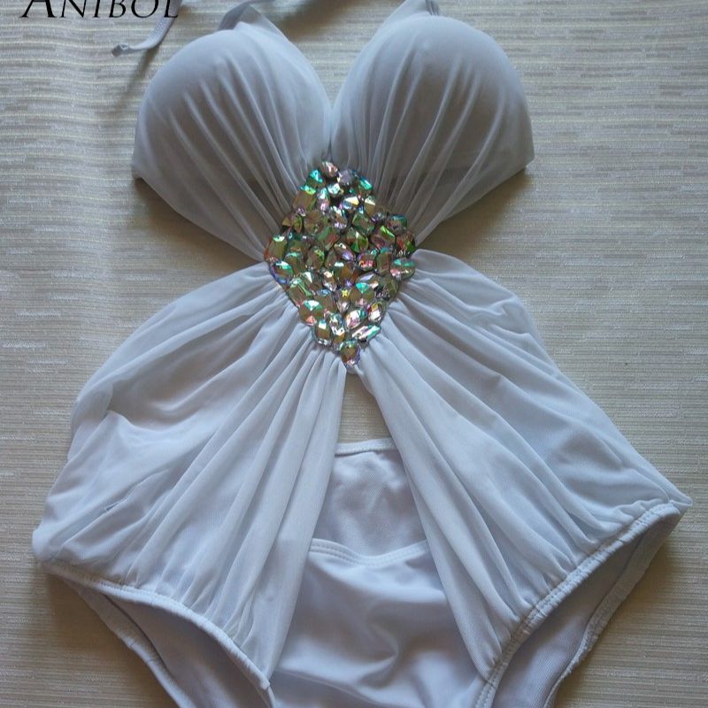 Rhinestone One Piece Push Up Swimwear Luxury Diamond Women White Swimsuit Black Sexy Girls Bathing Suit