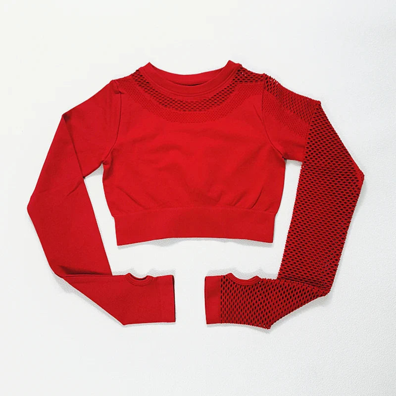 Seamless Yoga Set Sport Outfits Women 2pcs Two Piece Hollow Long Sleeve Crop top Leggings Workout Wear Gym Suit Fitness Sets Red Top
