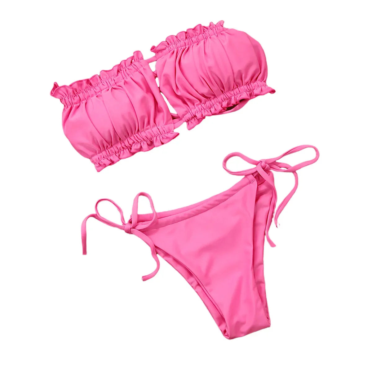 Push Up Padded Women Swimwear Bathing Suit Hirigin Sexy Straples Ruffles Bandage Women Bikini Set Pure Color Summer wear Pink