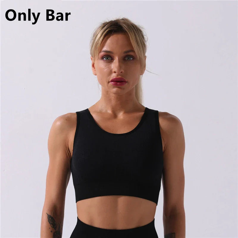 Rid Seamless Yoga Set Women 2pcs Two Piece Long Sleeve Crop Top T-Shirt Leggings Outfit Clothes Gym Wear Fitness Suit Sport Sets Black Bra