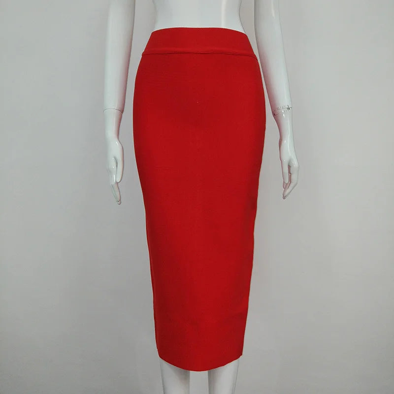 Women Candy Color Sexy Neon Green Brown Orange Yellow Knee Length Bandage Pencil Skirt 2020 Designer Skirt Faldas 78cm Red