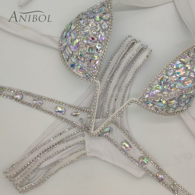 Sexy Women Bikin Luxury Rhinestone Split Swimwear Push Up Crystal Diamond Swimsuit Bandage Chain Bathing Suit White